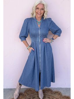 Errabelly - Blue V-Neck Shirred Waist Metal Zipper Denim Midi Dress
