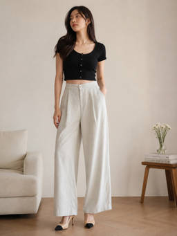 Stylum - Women's Off White Solid Rayon Flex Wide Leg Trouser