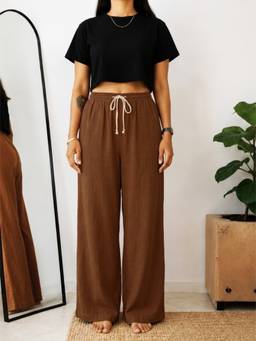 Stylum - Women's Brown Solid Wide Leg Rayon Flex Trouser