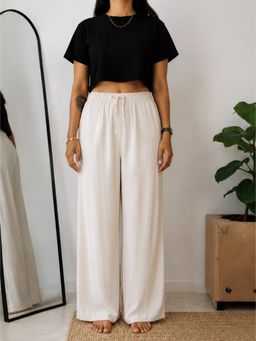 Stylum - Women's Off White Solid Wide Leg Rayon Flex Trouser