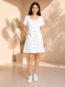 Oxolloxo - Women White Round Neck Short Sleeve Button Down Cotton Linen Dress