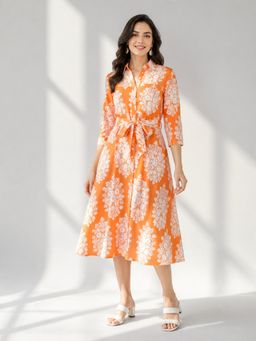 Oxolloxo - Women Orange Tropical Printed Collared 3/4 Sleeve Button Down Midi Dress