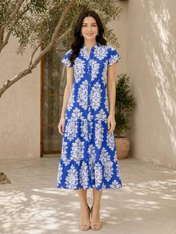 Oxolloxo - Women Blue Tropical Printed Button Down Midi Dress with Mandarin Collar Neck