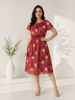 Oxolloxo - Women Multi-Color Floral Satin Chiffon Printed Round Neck Elasticated Dress