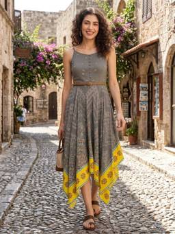 Oxolloxo - Women Grey Vintage Floral Printed High Low Strappy Shoulder Dress