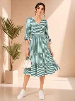 Oxolloxo - Women Green Stripe Printed V-Neck 3/4 Sleeve Dress