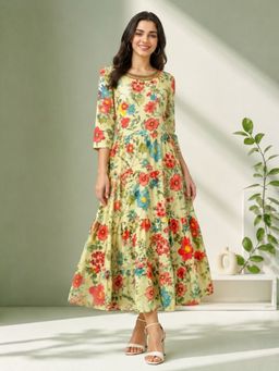 Oxolloxo - Women Multi-Color Round Neck Embellished 3/4 Sleeve Dress