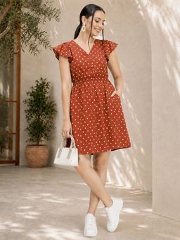 Oxolloxo - Women Brown Polka Dot Printed V- Neck Short Flutter Sleeve Elasticated Dress