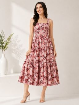 Oxolloxo - Women Multi-Color Floral Printed Square Neck Strappy Flare Dress