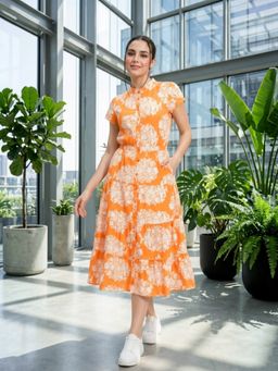 Oxolloxo - Women Orange Tropical Printed Mandarin Collar Shirt Dress