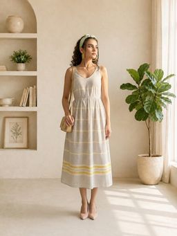 Oxolloxo - Women Grey Stripe Printed V-Neck Sleeveless Cotton Dobby Dress with Border Print