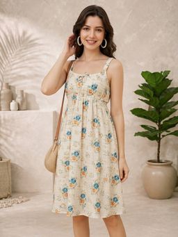 Oxolloxo - Women CreamFloral Printed Round Neck Tie-Up Detail Shoulder Strap Dress