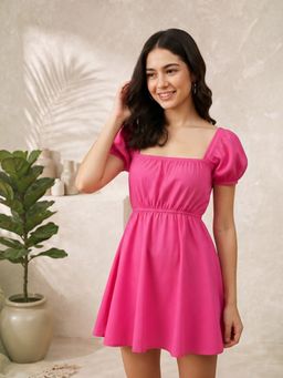Oxolloxo - Women Pink Square Neck Short Sleeve Mini Dress