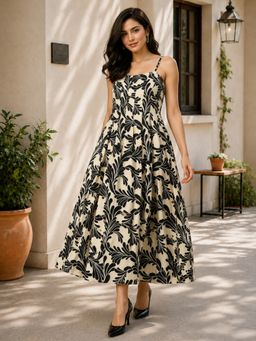 Oxolloxo - Women Black Floral Printed Square Neck Shoulder Strap Sleeveless Long Maxi Dress