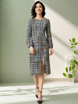 Oxolloxo - Women Multi-Color Round Neck Long Sleeve Printed Knee Length Dress