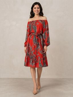 Oxolloxo - Women Red Floral Printed Elasticated Waist with Tie-Up Belt Off Shoulder Dress