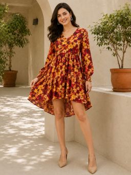 Oxolloxo - Women Red Floral Printed Round Neck Long Sleeve Flare Above Knee Length Dress