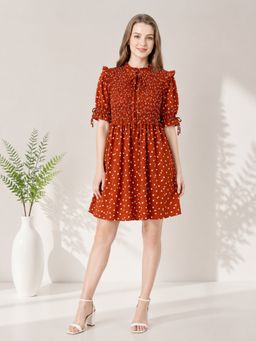 Oxolloxo - Women Rust Polka Dot Printed Round Neck Puff Sleeve Smocked Mini Dress