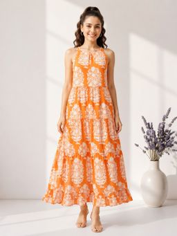 Oxolloxo - Women Orange Floral Printed Round Neck Shoulder Strap Tiered Maxi Dress