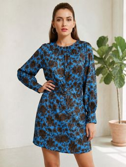 Oxolloxo - Women Blue Floral Printed Round Neck Long Sleeve Satin Mini Dress