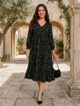 Oxolloxo - Women Black Floral Printed V-Neck Long Sleeve Tiered Midi Dress