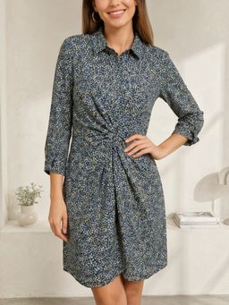 Oxolloxo - Women Green Floral Printed Collared 3/4 Sleeve Gathered Detail Shirt Dress