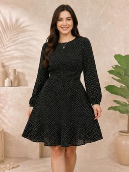 Oxolloxo - Women Black Polka Dot Printed Round Neck Long Sleeve Smocked Fit And Flare Dress