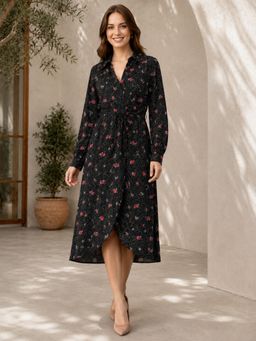 Oxolloxo - Women Black Floral Printed Long Sleeve Collared Button Down Wrap Dress