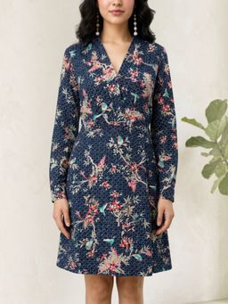 Oxolloxo - Women Blue Floral Printed Long Sleeve Collared Button Down Cotton Linen Short Dress