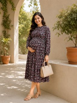 Oxolloxo - Women Black Floral Rayon Crepe Printed Round Neck Long Sleeve Midi Maternity Dress