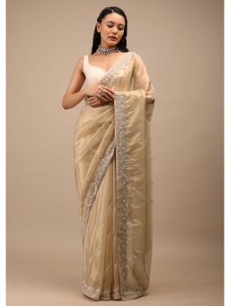 KALKI FASHION - Warm Sand Beige Silk Saree in Cut Dana and Stones Embroidery with Unstitched Blouse