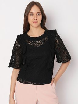 VERO MODA - Women Lace Casual Wear Black Top