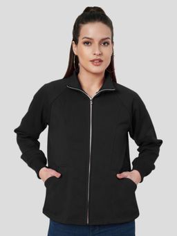 BRINNS - Women Mock Collar Solid Fleece Casual Jacket Black