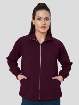 BRINNS - Women Mock Collar Solid Fleece Casual Jacket Burgundy