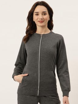 BRINNS - Women Collarless Solid Fleece Casual Jacket Charcoal