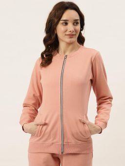 BRINNS - Women Collarless Solid Fleece Casual Jacket Peach