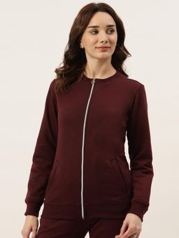BRINNS - Women Collarless Solid Fleece Casual Jacket Burgundy