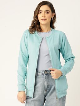 BRINNS - Women Collarless Solid Fleece Casual Jacket Turquoise