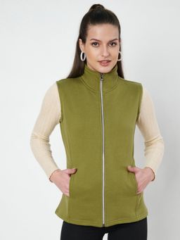 BRINNS - Mock Collar Sleeveless Fleece Tailored Jacket Olive