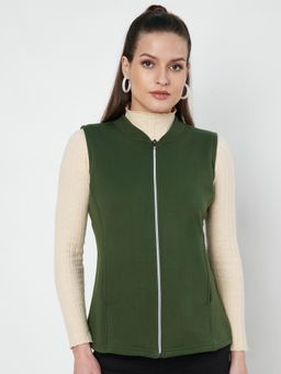BRINNS - Mandarin Collar Sleeveless Fleece Zip Detail Tailored Jacket Green