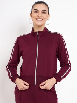 BRINNS - Women Mock Collar Solid Fleece Casual Jacket Burgundy