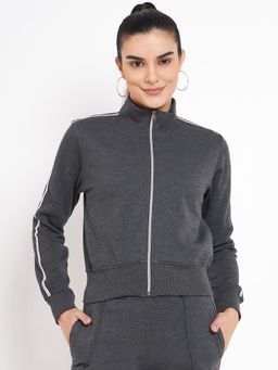 BRINNS - Women Mock Collar Solid Fleece Casual Jacket Charcoal