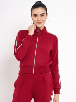 BRINNS - Women Mock Collar Solid Fleece Casual Jacket Maroon