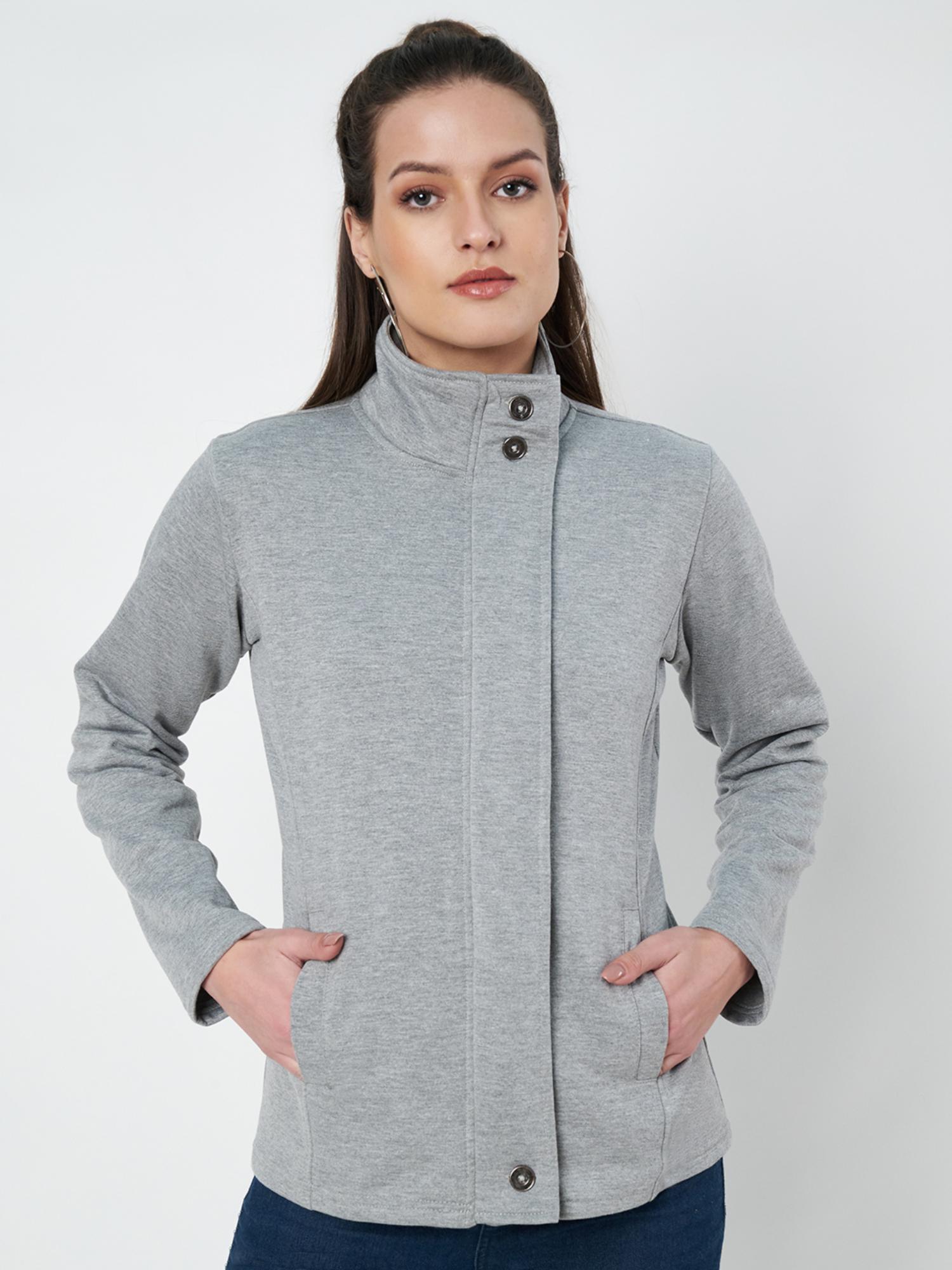 brinns Women Mock Collar Long Sleeves Jacket Grey-picture-14