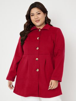 BRINNS - Plus Size Fleece Single-Breasted Long Sleeves Overcoat Maroon