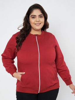 BRINNS - Women Plus Size Collarless Solid Fleece Casual Jacket Maroon