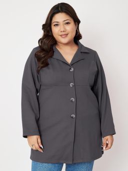 BRINNS - Women Plus Size Collar Hip Length Overcoat Charcoal