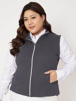 BRINNS - Plus Size Mock Neck Fleece Open Front Jacket Charcoal