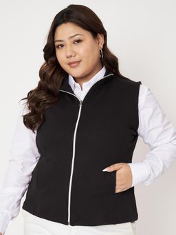 BRINNS - Plus Size Mock Neck Fleece Open Front Jacket Black