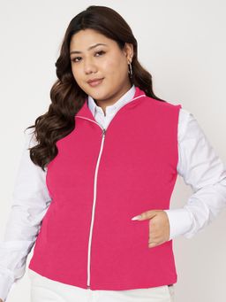 BRINNS - Plus Size Mock Neck Fleece Open Front Jacket Magenta